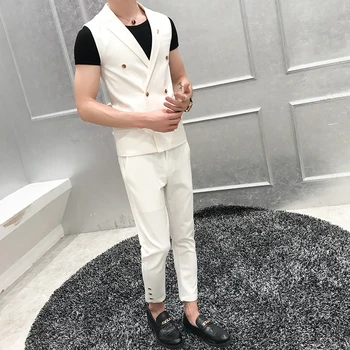 Новый мужской (жилет + брюки) Модный корейский вариант приталенного двубортного свадебного жилета в британском стиле без рукавов, комплект из 2 предметов