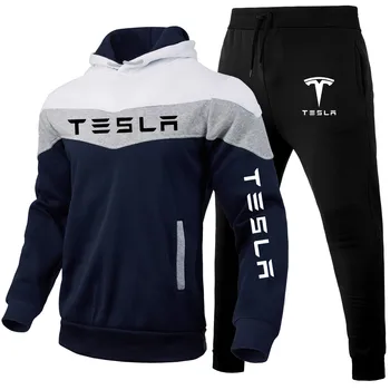 Новый мужской модный мужской костюм с капюшоном в стиле хип-хоп с логотипом автомобиля Tesla, весенне-осенний мужской пуловер, трендовый мужской костюм контрастного цвета