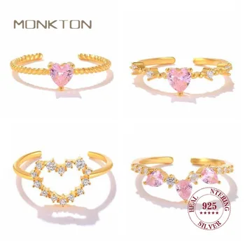 Обручальное кольцо Monkton из стерлингового серебра 925 пробы с розовым сердечком, открывающееся для девочек, Минималистичные Регулируемые кольца, подарок от Bague Homme Fine Jewelry
