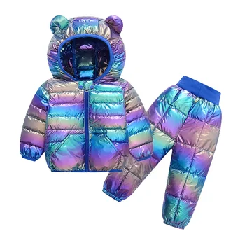 Одежда Для мальчиков и девочек, зимняя модная теплая яркая легкая пуховая куртка с капюшоном + брюки, детская одежда 0-6 лет