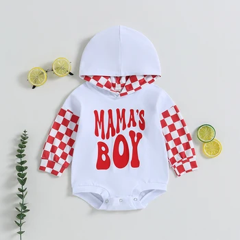 Одежда для новорожденных мальчиков, комбинезон для мам с длинными рукавами и капюшоном, боди в клетку, лоскутная одежда
