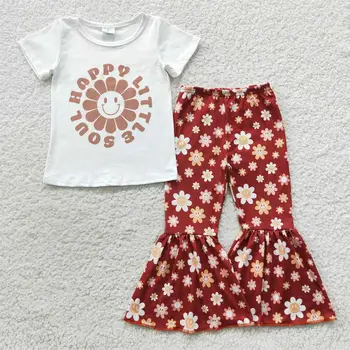 Оптовая Продажа, Детский комплект для малышей, футболка с короткими рукавами для маленьких девочек, Детские штаны-колокольчики с цветочным рисунком, весенне-осенний наряд для младенцев