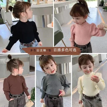 Осенние хлопковые топы для маленьких девочек от 1 до 9 лет, футболка с рукавами корейской принцессы, детская повседневная нижняя рубашка