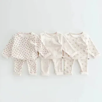 Осенний Новый комплект одежды с длинными рукавами для малышей Хлопковая пижама с милым кроликом и цветочным рисунком для маленьких девочек, костюм из 2 предметов для маленьких мальчиков, домашняя одежда