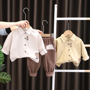 Осенний новый комплект с длинными рукавами для мальчиков, весенне-осенняя рубашка с рисунком Медведя, комплект повседневных брюк для мальчиков, модный детский комплект из двух предметов