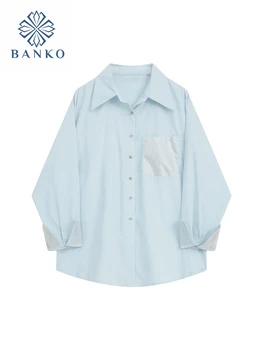 Осенняя Мода 2023 Года, Простые Синие Повседневные Рубашки С Вырезом Поло, Блузки Gyaru Y2k, Уличная Одежда, Однобортный Дизайн Slim Fit