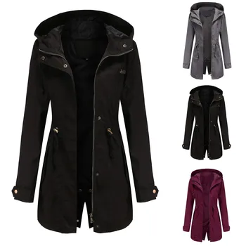 Пальто с капюшоном для женщин, открытый тренч, ветровка, пуховик, легкая длинная куртка на молнии, легкая активная зимняя теплая уличная одежда