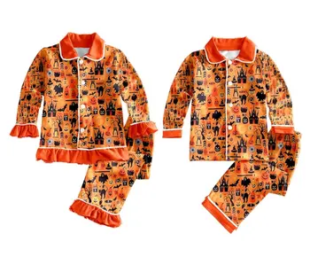 Пижамный комплект на Хэллоуин для Мальчиков и Девочек, Милые Штаны с длинными рукавами и принтом Тыквы, 2 ПРЕДМЕТА, Пижамный комплект для Братьев и Сестер, Оранжевая Пижама