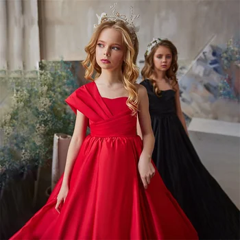 Платье девушки цветка пушистый плиссированные атласная один рукав наклейка свадебный элегантный цветок ребенка первой Евхаристии, день рождения платье