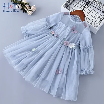 Платье для девочек Humor Bear, Весна-осень, С длинным рукавом, принцесса с мультяшным принтом, Милая Сетчатая Пряжа, Детская одежда