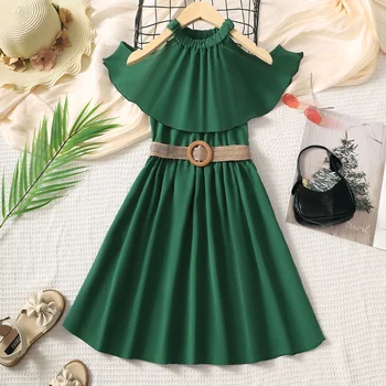Платье принцессы для девочек 8-12 лет с открытыми плечами и поясом, зеленое платье для девочки, повседневная одежда трапециевидной формы