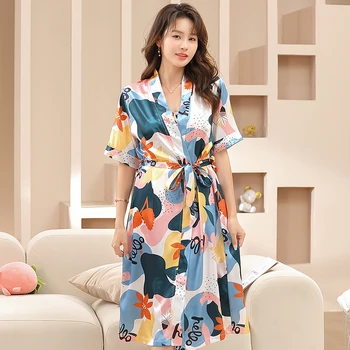 Плюс размер 4XL Роскошные шелковые атласные халаты Цветочный халат для женщин кимоно халат Летняя мода С коротким рукавом Тонкие женские халаты
