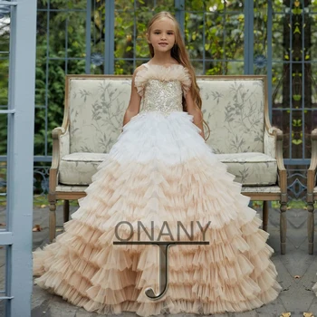 Пышное платье JONANY для девочки в цветочек, сшитое на заказ из многослойного тюля, придворный шлейф, Праздничное платье для Дня рождения, Халат для причастия, Свадебная вечеринка