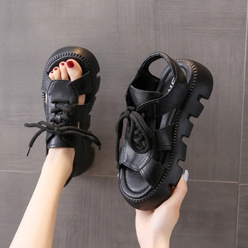 Римские сандалии на мягкой резиновой подошве с приподнятой подошвой, новинка лета 2023, открытый носок, Открытая Повседневная женская спортивная обувь на толстой подошве