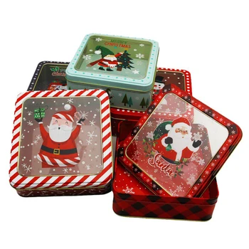 Рождественская жестяная коробка 1шт, окно в крыше, жестяная коробка с крышкой, упаковка для печенья, мусса и торта из жести, Квадратная коробка с рисунком Санта-Клауса