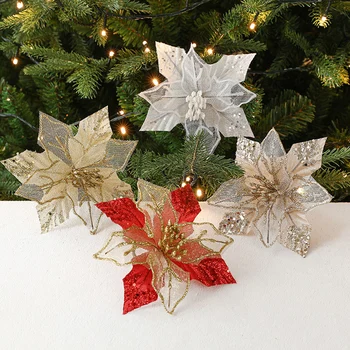 Рождественская Пуансеттия, Блестящий цветок, Подвесное Рождественское Украшение для елки, Рождественские Принадлежности, Украшения для Рождественской Елки, Принадлежности для вечеринок