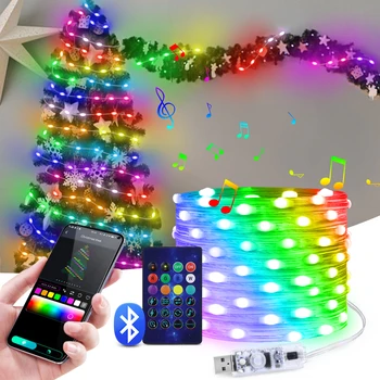 Рождественские светодиодные Сказочные Огни RGBIC USB Струнный светильник для спальни, свадьбы, украшения Рождественской Елки, Уличной Садовой Гирлянды, лампы