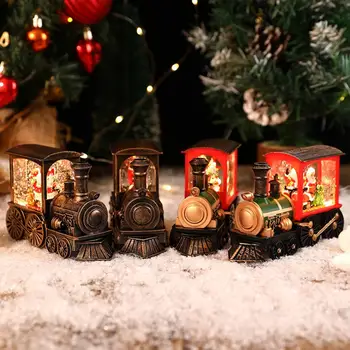 Рождественский орнамент в форме поезда, Очаровательные светодиодные украшения для рождественского поезда с фигурками Снеговика Санта-Клауса, заполненными водой, Настольный