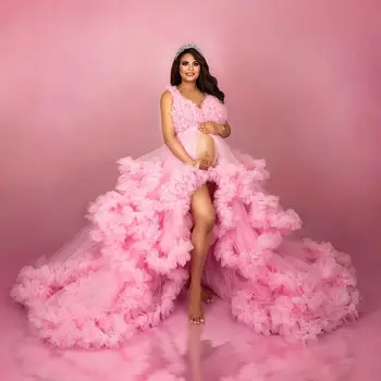 Розовое платье для фотосессии для беременных с разрезами и оборками, платья для выпускного вечера с вырезом в виде сердечка, женское Макси-платье без рукавов для душа ребенка