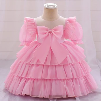 Розовое праздничное платье на 1 год для маленьких девочек, одежда для крещения, платье принцессы с коротким рукавом, платья для девочек, праздничное платье