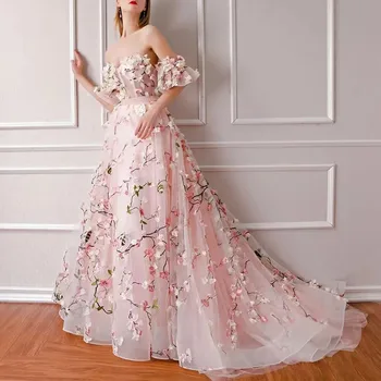 Розовые платья для выпускного вечера с 3D цветами для женщин, с открытыми плечами, длиной до пола, трапециевидной формы, для особых мероприятий, свадебного торжества, вечернего платья для гостей