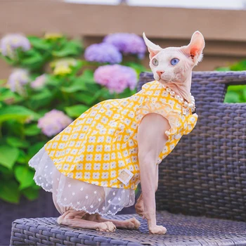 Роскошный костюм с юбкой из желтого Лотоса и кошки, одежда для Сфинкса, Летнее Платье принцессы с кружевными рукавами в цветочек для одежды для кошек Девон Рекс