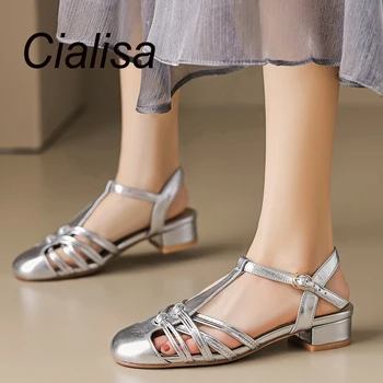 Сандалии Cialisa с круглым носком 2023 Летняя женская обувь из натуральной кожи, Римские сандалии на каждый день, Женские босоножки ручной работы на низком каблуке с ремешком и пряжкой