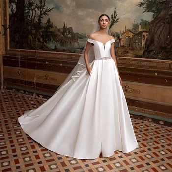 Свадебное платье YEEH с открытыми плечами, простое свадебное платье с бисером, бальное платье принцессы со шлейфом, Vestido De Noiva для невесты