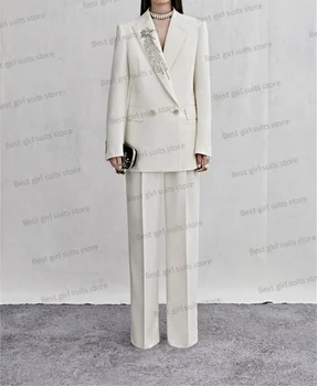 Свадебный Белый женский костюм со стразами, офисный комплект, Блейзер + брюки, 2 предмета, вечернее платье для выпускного вечера, бизнес-леди, Двубортный, сшитый на заказ