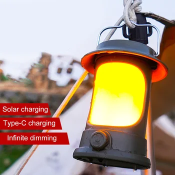 Светодиодный винтажный фонарь для кемпинга, Солнечный фонарь с плавным затемнением Type-C USB, перезаряжаемый фонарь для палатки, Водонепроницаемый аварийный фонарь на открытом воздухе