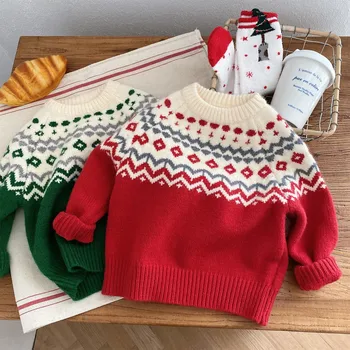 Свитер для маленьких мальчиков и девочек, Зима-осень, Новая Рождественская Милая трикотажная одежда с длинными рукавами, трикотаж для новорожденных, пуловер, топ для младенцев