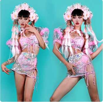 Сексуальная Прозрачная Танцевальная одежда Gogo Головной убор Розовое Бикини С пышными рукавами Джазовый Танцевальный костюм Женская Праздничная одежда