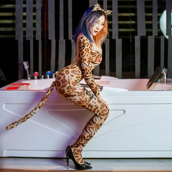 Сексуальный леопардовый комбинезон с открытой промежностью, прозрачное боди для вечеринки, сексуальное фантазийное боди для косплея, искушение для взрослых.