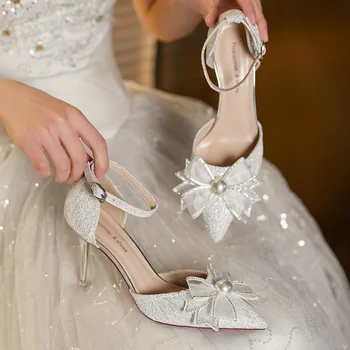 Серебряные босоножки с бабочкой и узлом, вечерние Туфли на шпильке, женские летние туфли на высоком каблуке с кристаллами и бантом, сетчатые женские Сапатосы со стразами