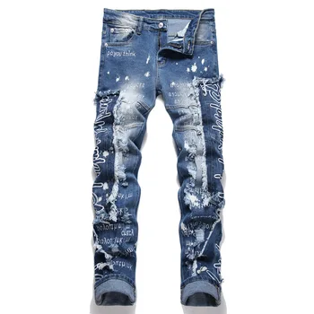 Синие рваные джинсы в стиле пэчворк с модной буквенной вышивкой, джинсовые брюки со средней талией, тонкие эластичные байкерские брюки в стиле хип-хоп