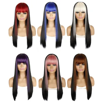 Синтетический парик для косплея, парик с длинными прямыми волосами, стрижка Боб, белая челка, черный, красный, Розовый, мелированный цвет, модные парики для белых женщин