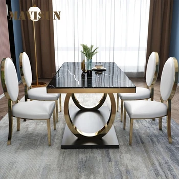 Современные роскошные кухонные столы для домашнего обихода Столешница из натурального мрамора Металлический каркас Садовая мебель для дома Mesa Comedor FY10YH