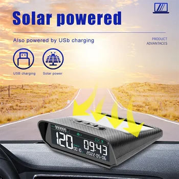 Солнечный Автомобильный HUD GPS Головной Дисплей Цифровые Часы Спидометр Сигнализация Превышения скорости Предупреждение Об Усталости При вождении Дисплей Высоты Пробега
