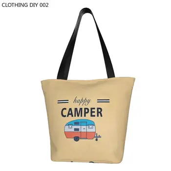 Сумка для покупок Happy Camper Grocery с принтом, холщовая сумка для покупок через плечо, большая вместительная прочная мультяшная сумка для приключений на колесах