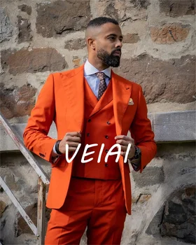 Сшитые на заказ мужские костюмы Темно-оранжевого цвета, Смокинги для жениха С отворотами, свадебный комплект из 3 предметов (куртка + брюки + жилет)
