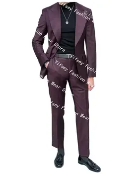 Темно-Фиолетовый Полный Комплект мужского костюма Свадебный Жених На Заказ Роскошный Мужской Пиджак Брюки Slim Fit 2шт Блейзер для вечеринки и выпускного вечера Брюки Наряд