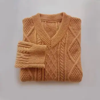 Толстый кашемирово-хлопчатобумажный свитер с V-образным вырезом, мужской джемпер 2023, Осень-зима, Винтажные Пуловеры ручной вязки, твист-реминисценции
