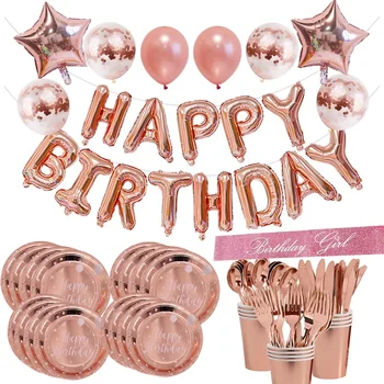 Украшения на День рождения Для девочек, Одноразовая посуда из розового золота, украшения для вечеринки в честь Дня рождения ребенка, 1-го года рождения