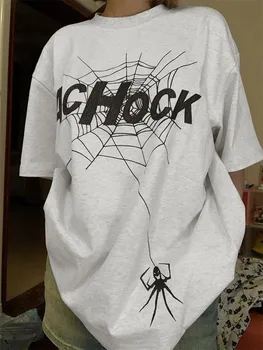 Уличная черная футболка с принтом паука, летняя новая женская свободная универсальная футболка Y2K
