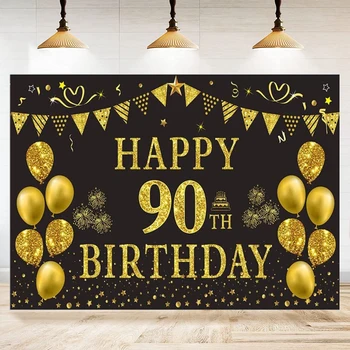 Фон для фотосъемки Золотой и черный С 90-летием, украшения для вечеринки, баннер для женщин, Товары для мужчин, фоновый плакат