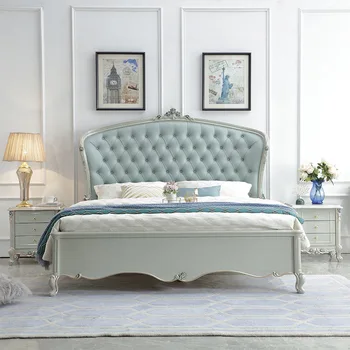 Французская кровать из массива дерева, главная спальня с рисунком, светлая роскошная кожаная кровать, кровать принцессы, роскошная кожаная художественная мебель, высокого класса