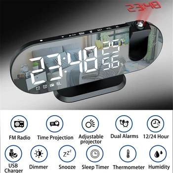 Цифровые зеркальные часы Светодиодный проекционный будильник USB-зарядка Прикроватные настольные часы с радио Многофункциональный электронный будильник