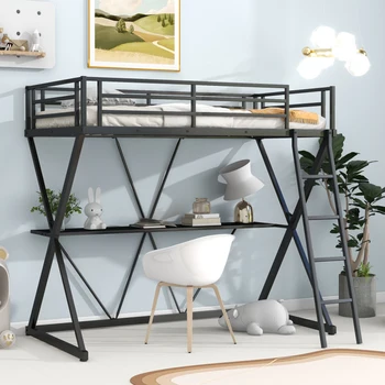 Черная двуспальная кровать-чердак со столом, лестницей и перилами в полный рост, Х-образный каркас, для мебели для спальни в помещении