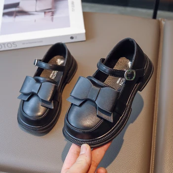 Черная кожаная обувь для девочек для школы с бантом 2023, простая нескользящая детская повседневная обувь Britain Wind, бесплатная доставка, мелкая детская обувь