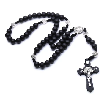 Черное деревянное религиозное ожерелье с крестом, Модные католические четки ручной работы из круглых бусин для религиозного ожерелья с крестом, подарки